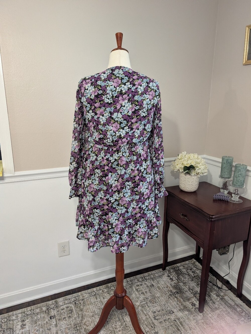 Blue And Purple Floral Dress With Long Sleeves, Size XL - Picture 5 of 7